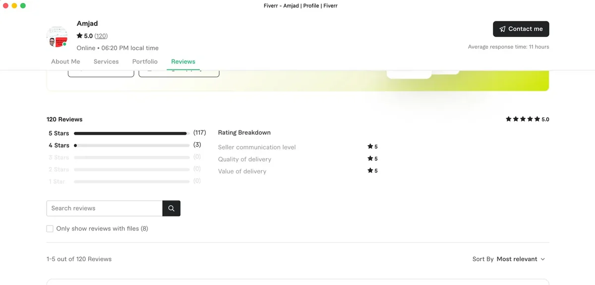 Fiverr profile screenshot showing Amjad with 5.0 rating and 120 reviews