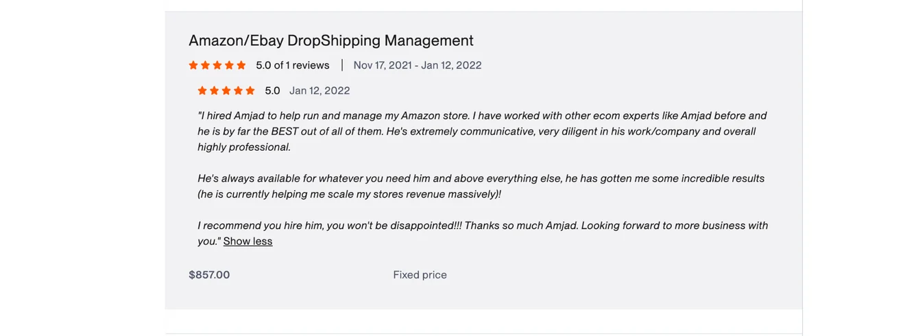 Client review screenshot praising Amjad for Amazon store management