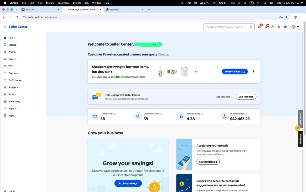 Walmart Seller Center screenshot showing $42,463.25 current balance and 58 orders today